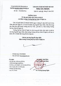 Thông báo về việc giới thiệu chức danh và chữ ký của Hiệu trưởng Trường Đại học Kinh tế Nghệ An