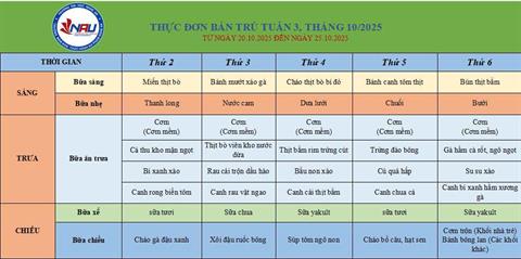 Thực đơn bán trú tuần 3 tháng 10/2025