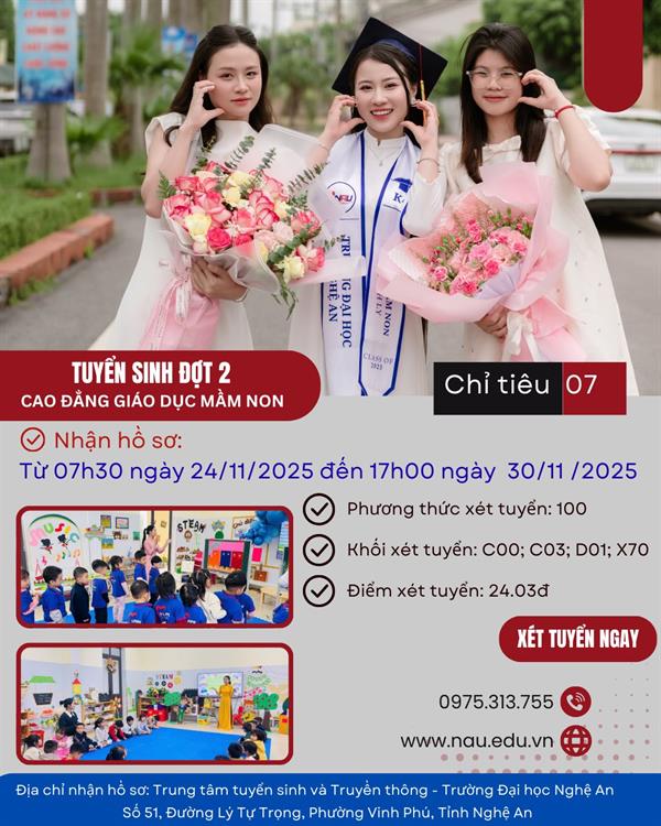 Trường Đại học Nghệ An thông báo Tuyển sinh bổ sung ngành Cao đẳng Giáo dục Mầm non đợt 2 năm 2025
