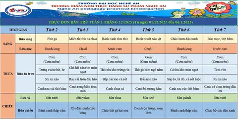 Thực đơn bán trú tuần 1, tháng 12/2025
