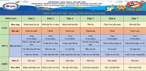Thực đơn bán trú (Từ ngày 19/01/2026 đến ngày 24/01/2026)