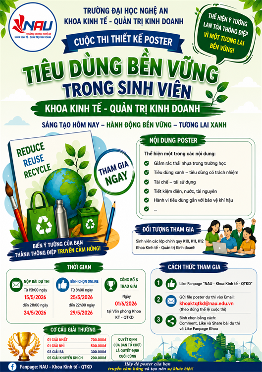 PHÁT ĐỘNG CUỘC THI THIẾT KẾ POSTER “TIÊU DÙNG BỀN VỮNG TRONG SINH VIÊN KHOA KINH TẾ - QUẢN TRỊ KINH DOANH”